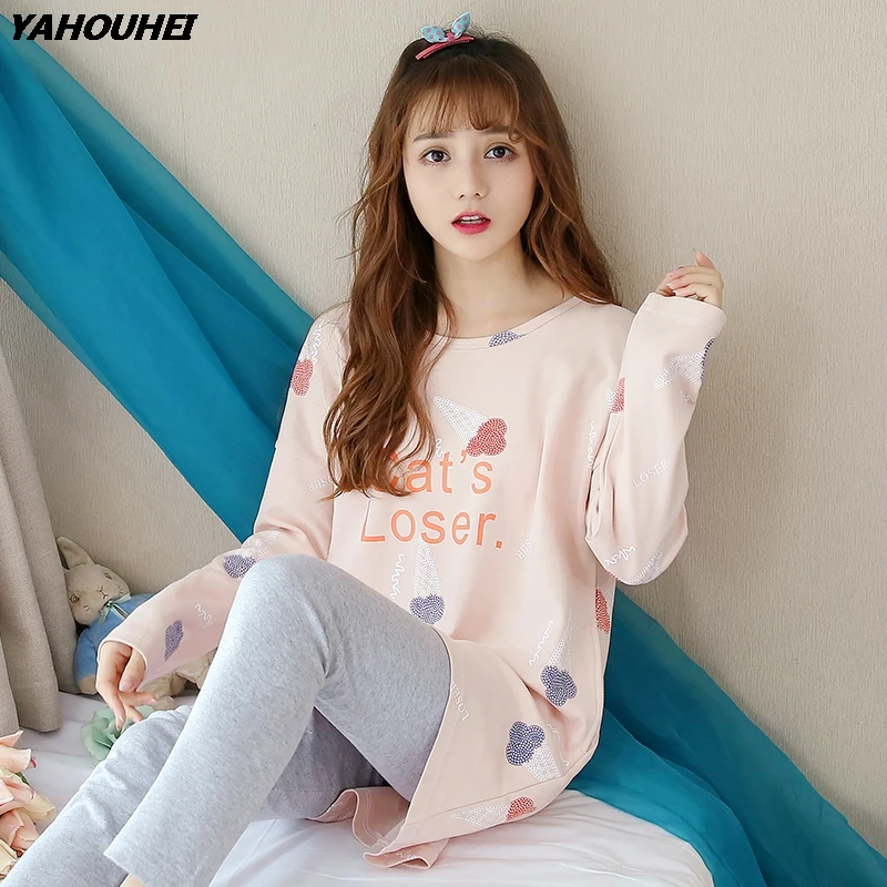 100% Cotton Pajama Sets For Women 2019 Autumn Long Sleeve Pyjama Girls Cute Pijama Night Suits Loungewear Homewear Home Clothing | Женская