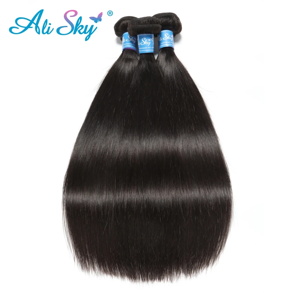 [Ali Sky]3 Bundles Straight Hair with Lace Closure Pre Plucked Brazilian Non Remy Free/Middle/Three Part 100% Black human hair