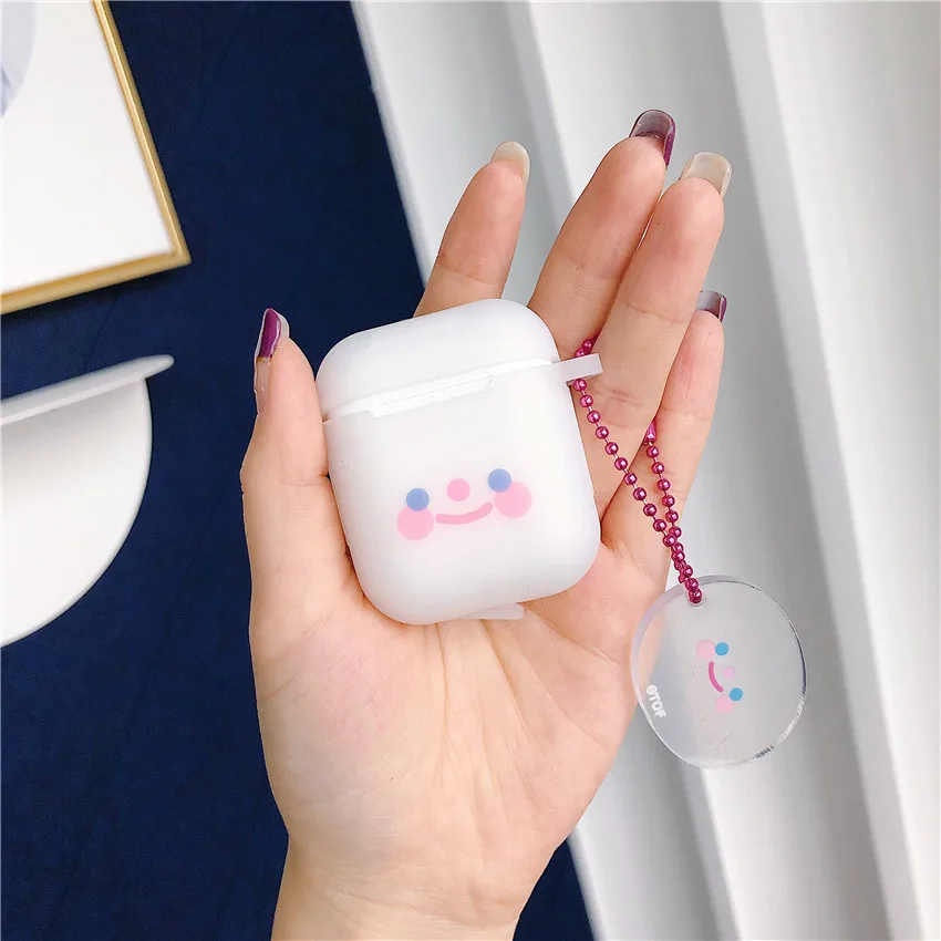 Мультяшный защитный чехол для AirPods, милый силиконовый чехол, Bluetooth, чехол для наушников Apple Airpods 2, попкорн, фри, кольцо на палец - Цвет: Transparent smiley