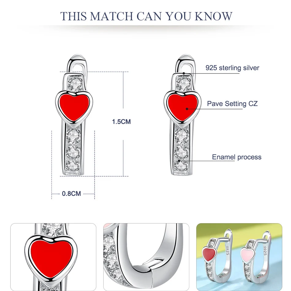 ELESHE Red Enamel Heart Small Stud Earrings Cubic Zirconia 925 Sterling Silver Earrings For Girls Child Kids Silver Jewelry Gift