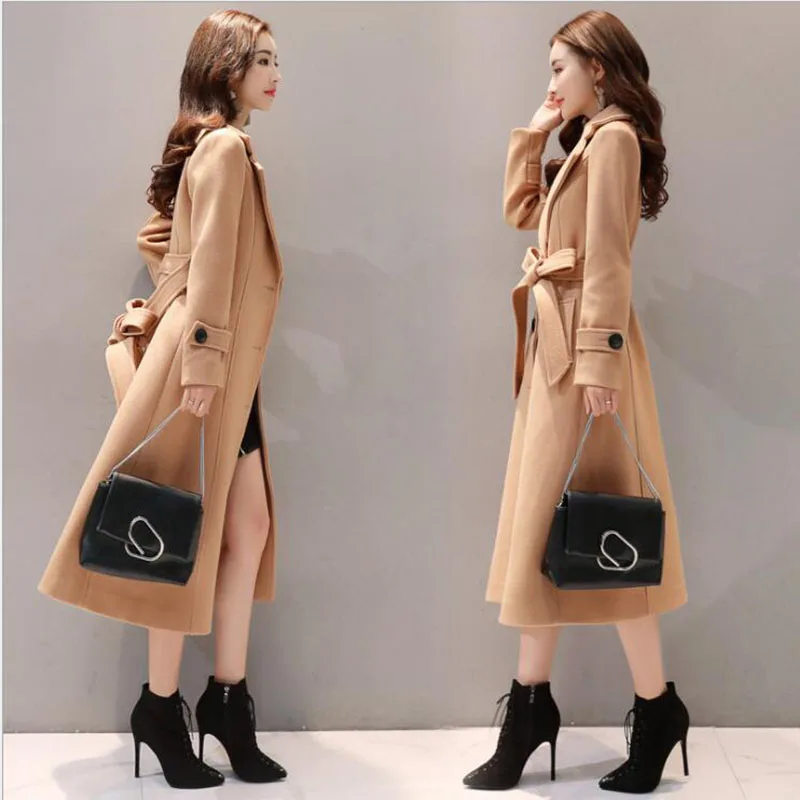 Koop Wollen jas vrouwen 2018 lange sectie wilde rode wollen overjas vrouwelijke lange lente herfst winter slanke blend wollen bovenkleding