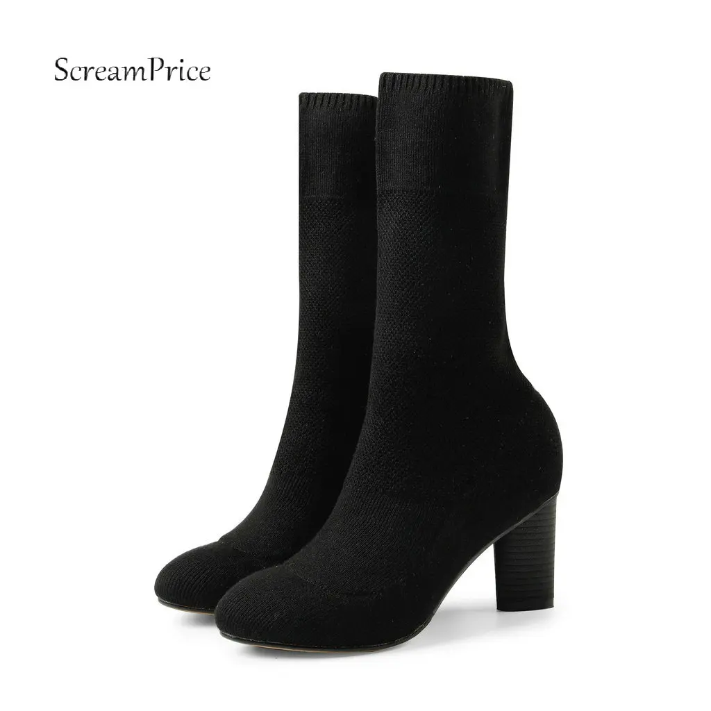 

Stretch Slocks Boots Women Thick High Heel Ankle Booties Round Fall Winter Fashion Ladies Shoes Apricot Wine Red Gray Black 2018