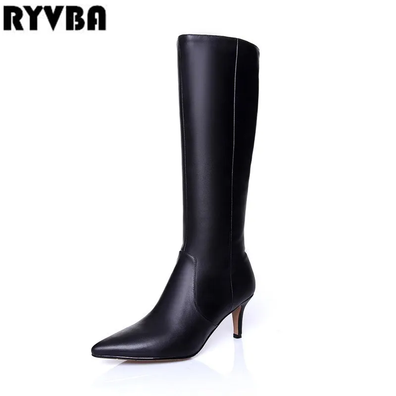 

RYVBA 2019 woman pointed toe knee high boots ladies autumn winter thigh high boots genuine leather women thin high heels shoes