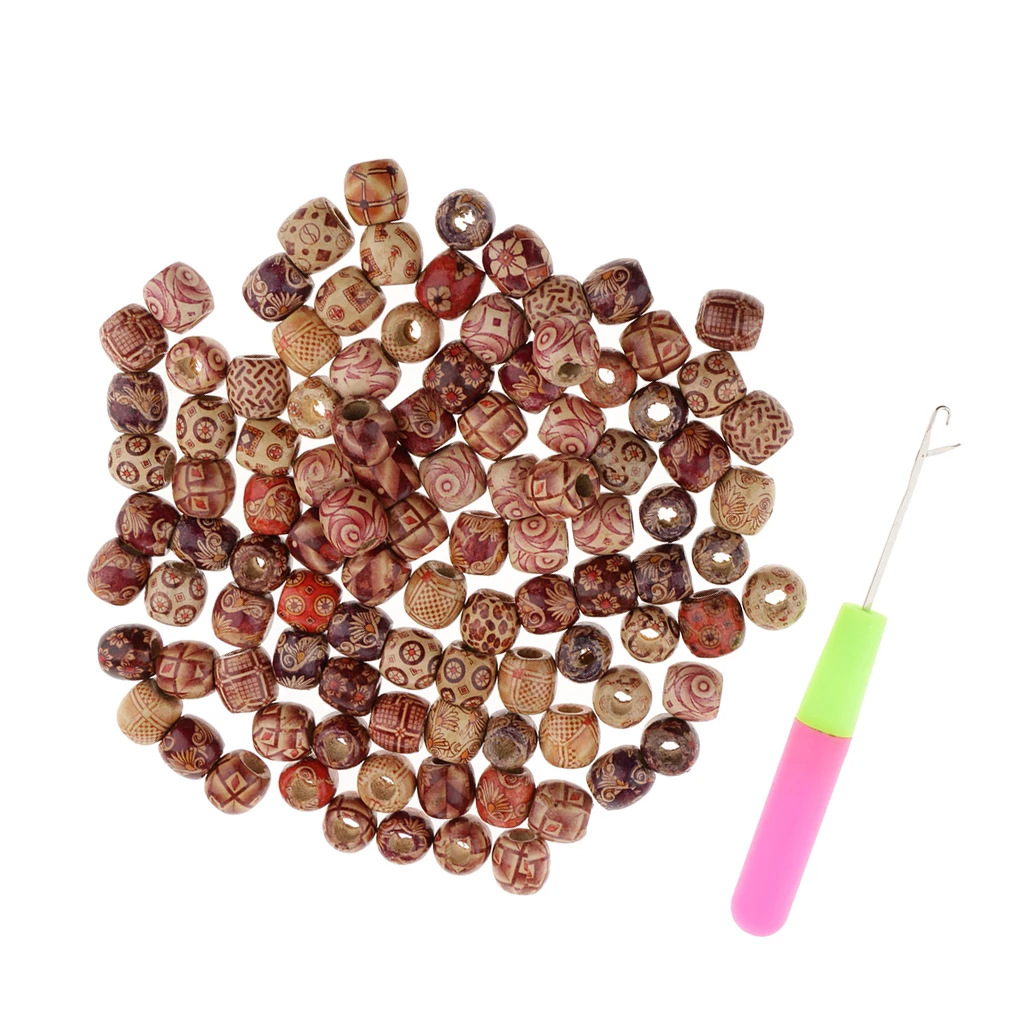 Professional Hair Latch Crochet Hook Needle with 100pcs Wood Dreadlocks Cuffs Dread Hook Braiding Weaving Beads Decoration Tool
