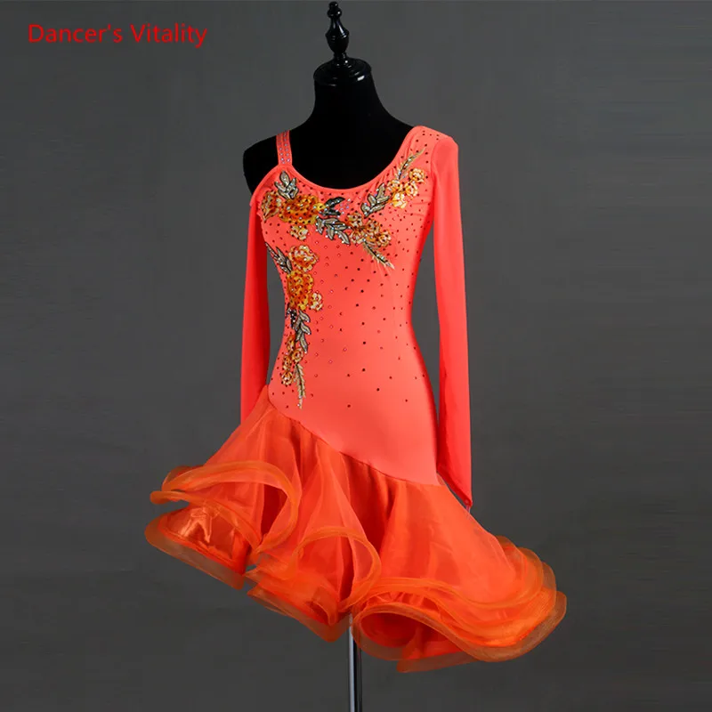 Платье для латинских танцев, выпускное платье с вышивкой и бриллиантами, нестандартные газовые платья, женские костюмы для латинских бальных танцев