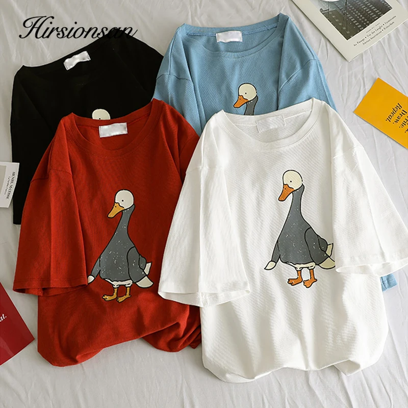 

Hirsionsan Cartoon Printed T Shirt Women New Summer Women White Duck Graphic Tees O-Neck Loose Tee Tops Short Sleeve T Shirt