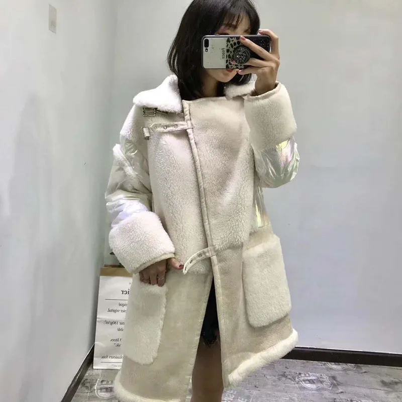 High quality wool blends coat real price new synthetic fur women winter patchwork duck down jacket thick warm female parka