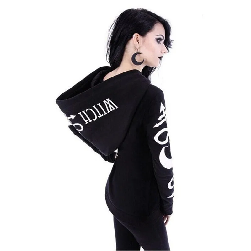 Women Hoodies Gothic Punk Moon Letter Print Sweatshirts  Autumn Winter Long Sleeve  Jacket Zipper Coat  Casual  Hoodies Women