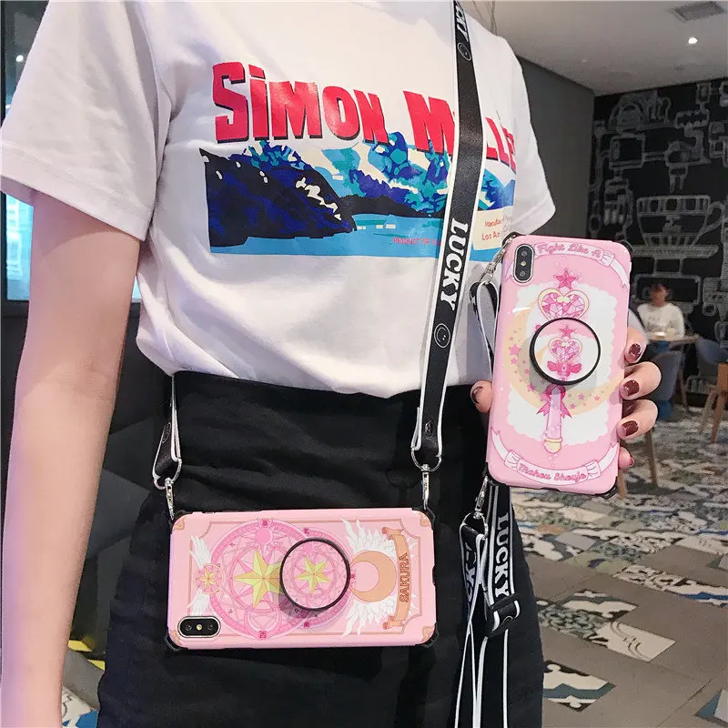 

Cute Anime Sakura Magic Array Bracket phone case For iphone6 6s 7 8 plus backcover For iphone X XR XS MAX XS case with lanyard