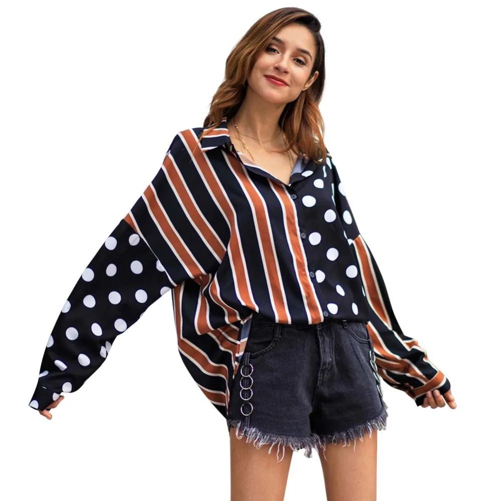 Women Dot Print Long Oversized Blouses stripe Spliced Long Sleeve turn ...