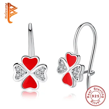 

Lovely 925 Sterling Silver Red Enamel Heart Crystal Clover Hoop Earrings Fashion Brand Children Earring Costume Accessories