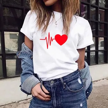 

Fashion Tee Shirt Women's Loose Short-Sleeved Soft Heart Print Daily Party beach Casual O-Neck Top Women Party Shirt New