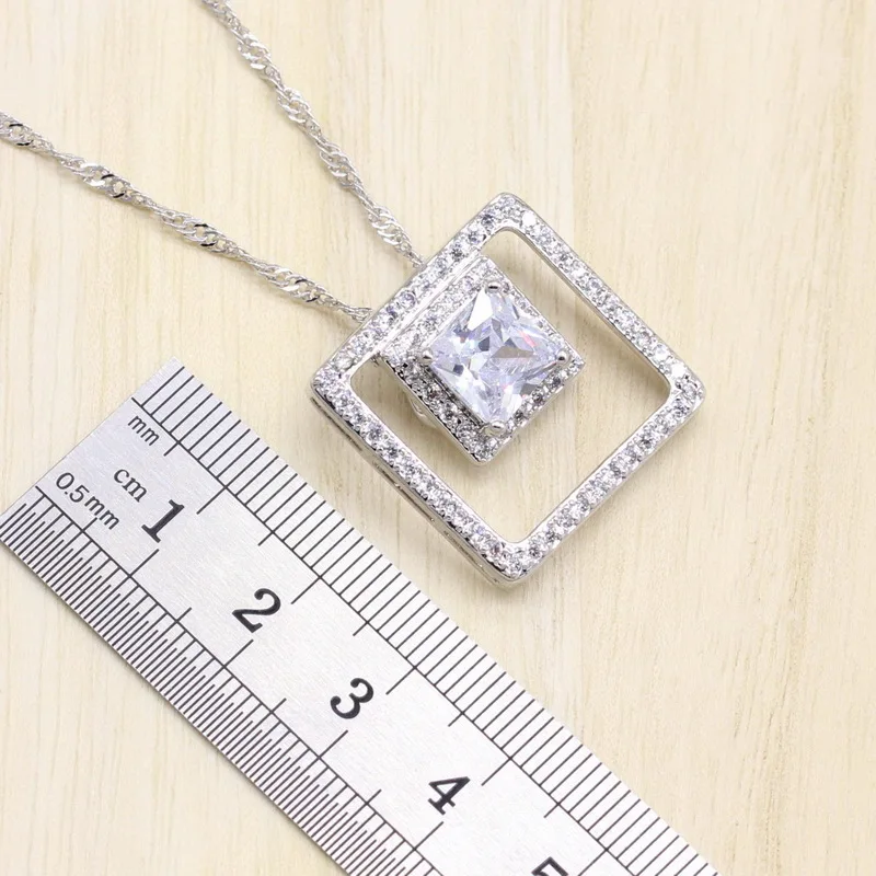 Модные прямоугольные белые кубические циркония 925 пробы серебряные Ювелирные наборы для женщин серьги/кулон/ожерелье/браслет