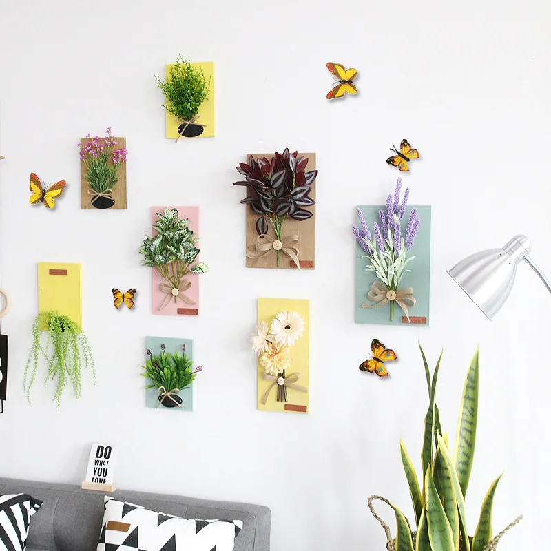 

1pc Plastic Simulation Flowers With Wood Frame 3D Simulation Plant Flower Room Wedding Party Wall Hang Decoration