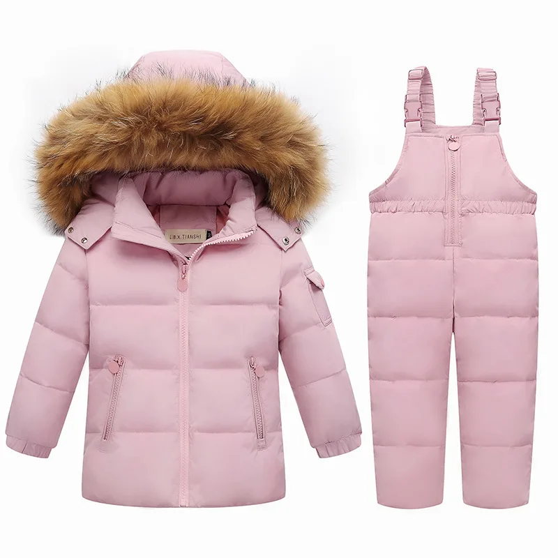 

Winter Children Solid Ski Suits Boys Natural Fur Collar Jackets+Pants Overall Girls Snow Wear Duck Down Outerwear AA51920