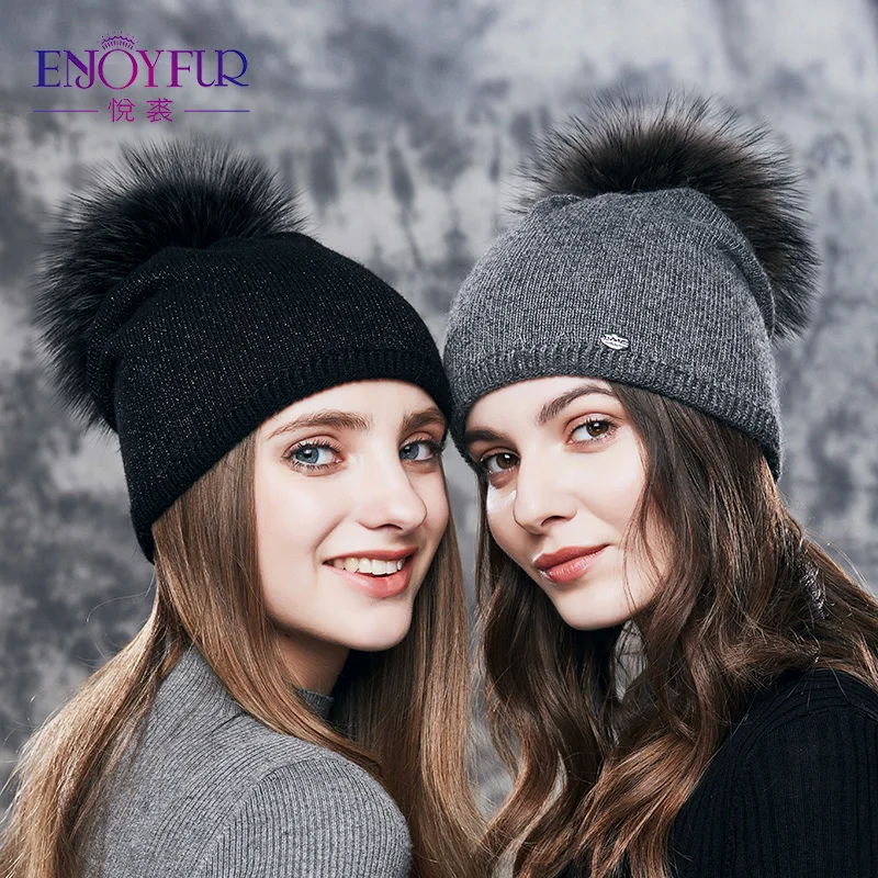 

ENJOYFUR Knitted Wool Hat Real Raccoon Fur Pompom Hat for Women Girls Cap 2018 New Autumn Winter Female Hat