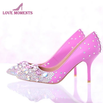

New Beautiful Wedding Shoes Rhinestone Bridal Dress Shoes Pointed Toe High Heels Sexy Women Shoes Pink Color with AB Crystal