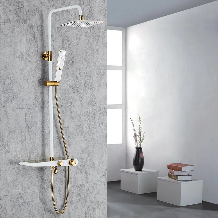 

Luxury Gold White Shower Faucet Set 3-Function Switch Wall Mount Rain Shower Head With Hand Shower Bathtub Spout Shower Set