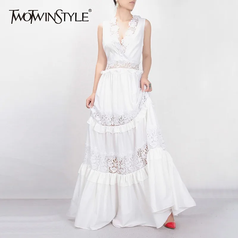 

TWOTWINSTYLE Elegant Embroidery Long Dress For Women V Neck Sleeveless High Waist Ruffles Hollow Out Maxi Dresses Female Summer