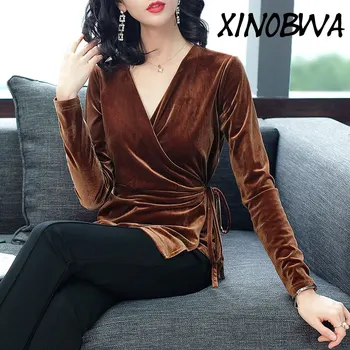 

Hot New 2018 Autumn Women High Street Fashion Sexy V Neck Long Sleeve Bow Velour T Shirt Tops Female Elegant Slim Peuche Shirts