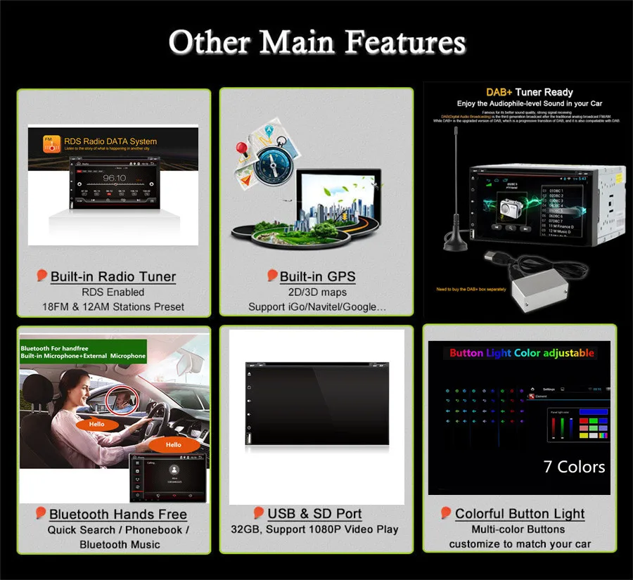 2 DIN Android 7,1 Wifi DVD 3g/4G BT DAB Mirror Link OBD Автомобильный мультимедийный видео плейер gps-навигация, радио, стерео видеоплеер