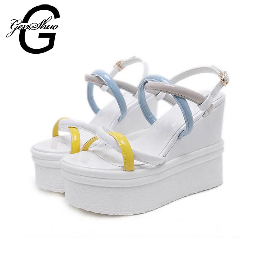

GENSHUO Platform Wedge Sandals Women Summer Shoes Cross Mix Colors Buckle Strap High Heeled Sandal Black White