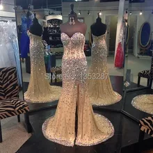 Neue mode vestido de festa 2015 kristall abendkleid seitenschlitz strass und perlen abend-partei-kleid nach maß größe