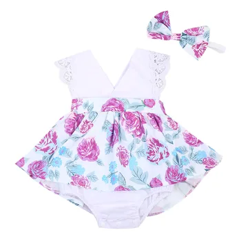 

Infant Baby Kids Girls Outfits Flower Printed Romper Dress +Headband Clothes 2PCS baby girl clothes princess lace romper