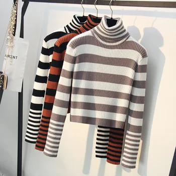 

2019 New Fall Winter Short Knitted Pullover For Women Slim Fashion Stripe High Waist Long Sleeve Sweater Student Blouse Shirt