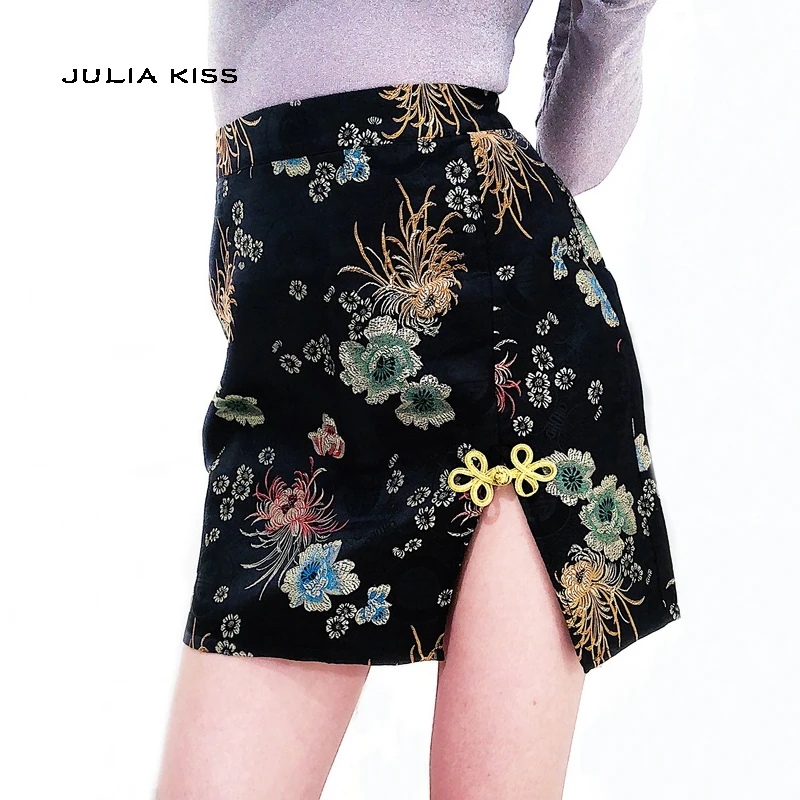 Women chinese style Jacquard Satin Mini Skirt ladies with Chinese Button Split Mini Pencil