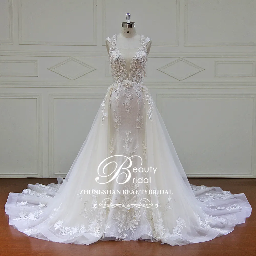

Elegant Detachable Train Wedding Dresses Custom made Lace Pearls Sleeveless Mermaid Wedding Dress Vestido de Noiva XF17011