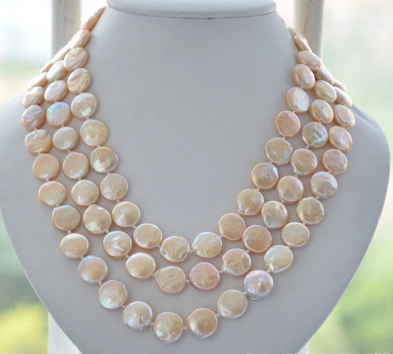 

Free shipping@@@@@ NATURAL 3row 14mm pink coin Freshwater cultured pearl necklace Z5403