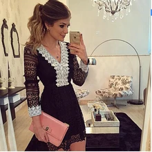 2016 new fashion women a-line Dress sexy black hollow out lace dresses casual long sleeve mini dess
