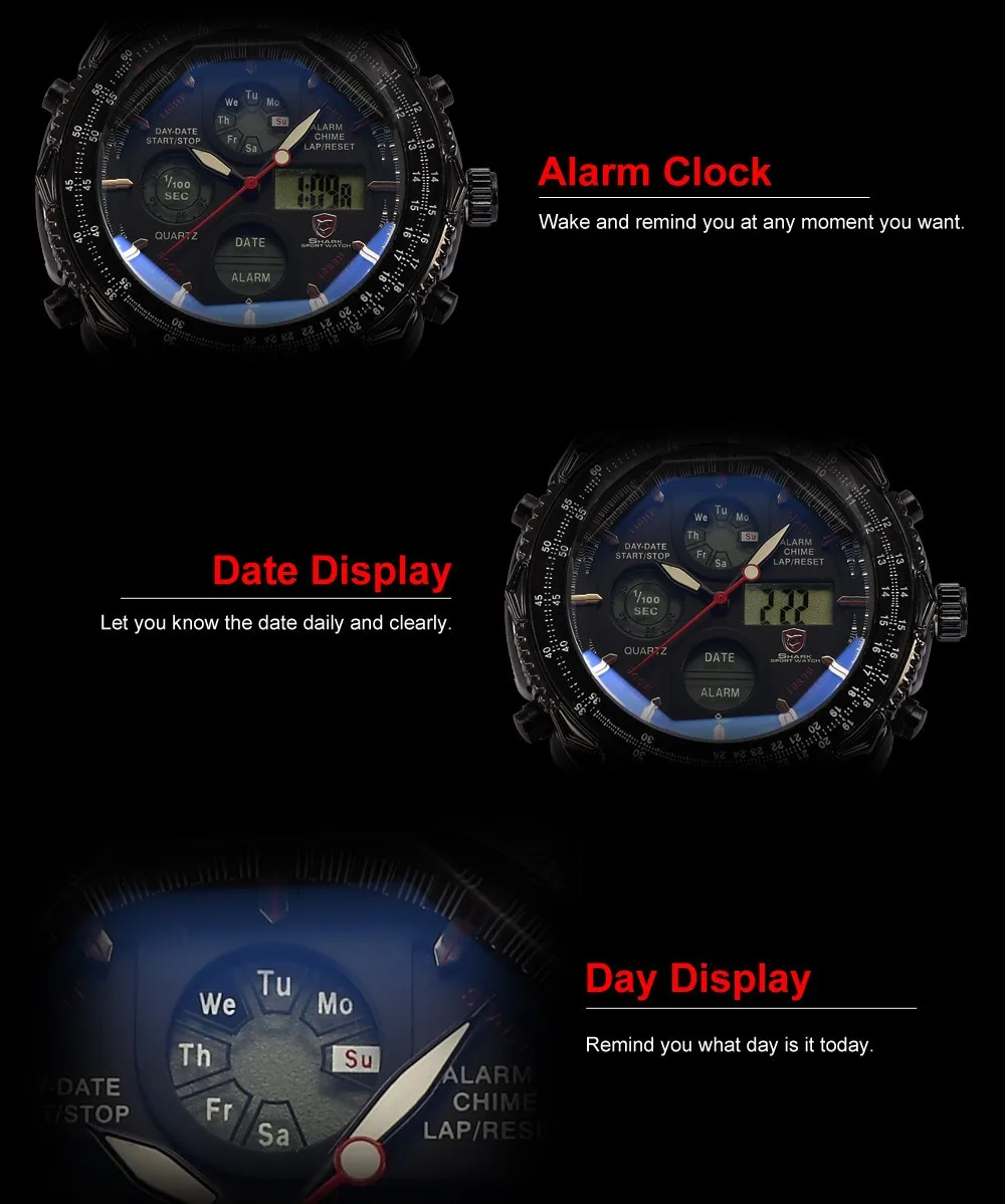 Бренд Акула Цифровое ЖК-аналоговое Дисплей Даты и Дня Хронограф Ремешок из Нержавеющей Стали Несколько Часовых Поясов Секундомер Мужские Черные Спортивные Кварцевые Водонепроницаемые Новые Наручные Военные Часы/SH116