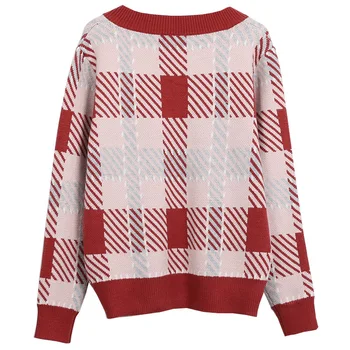 

2019 Autumn Winter Women Sweaters V Neck Long Sleeve Knitted Shirts Plaid Loose Pullovers Haute Couture Female Blouse