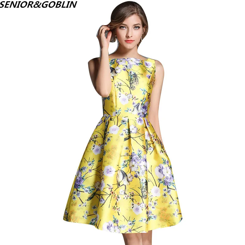 

2019 Luxury Runway Woman Yellow Tropical floral print Autumn Vintage Dress Women High-waisted Sleeveless Prints Party drresses