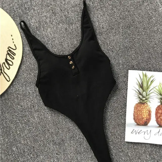 Women Solid One Piece Swimsuit Button Push up Padded Thong Bathing Suit