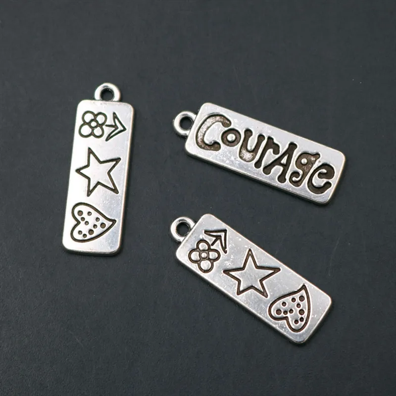 

WKOUD 10pcs Antique Silver Courage Tag Charms Necklace Bracelet DIY Pop Metal Jewelry Findings 30*10mm A1651