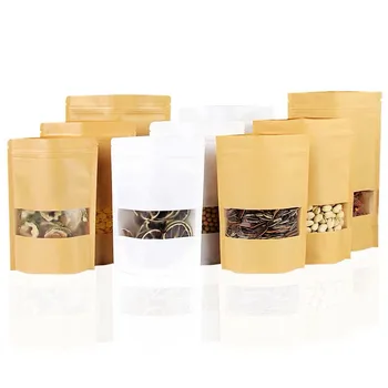 

White Zip lock Kraft Paper Bag With Window Kraft Stand up Dried Food Fruit Tea packaging bags Zipper Self Sealing Pouches 100Pcs