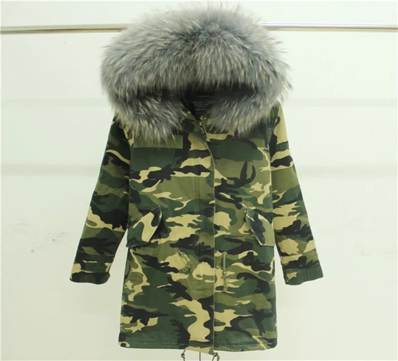 Мех Любовь Женщины Зима Camo Parka большой енота меховым воротником куртка с капюшоном Верхняя одежда 2 в 1 съемная подкладка зимняя куртка фирменный стиль