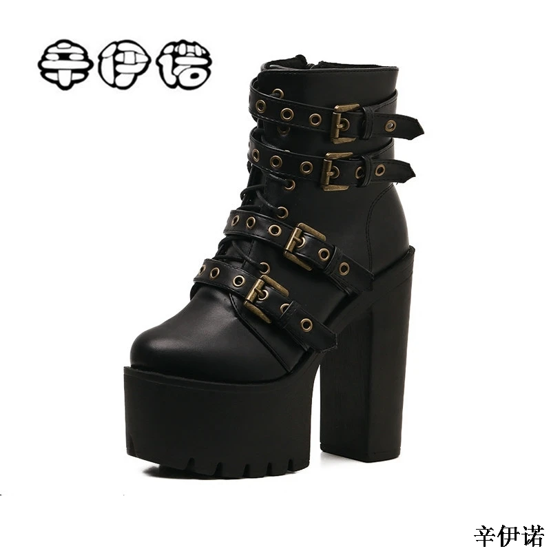 

15cm Buckle Strap Rivet Ankle Boots New Arrival Comfortable Warm Zip Winter Boots Superstar Women Shoes 2018 Super High Heels