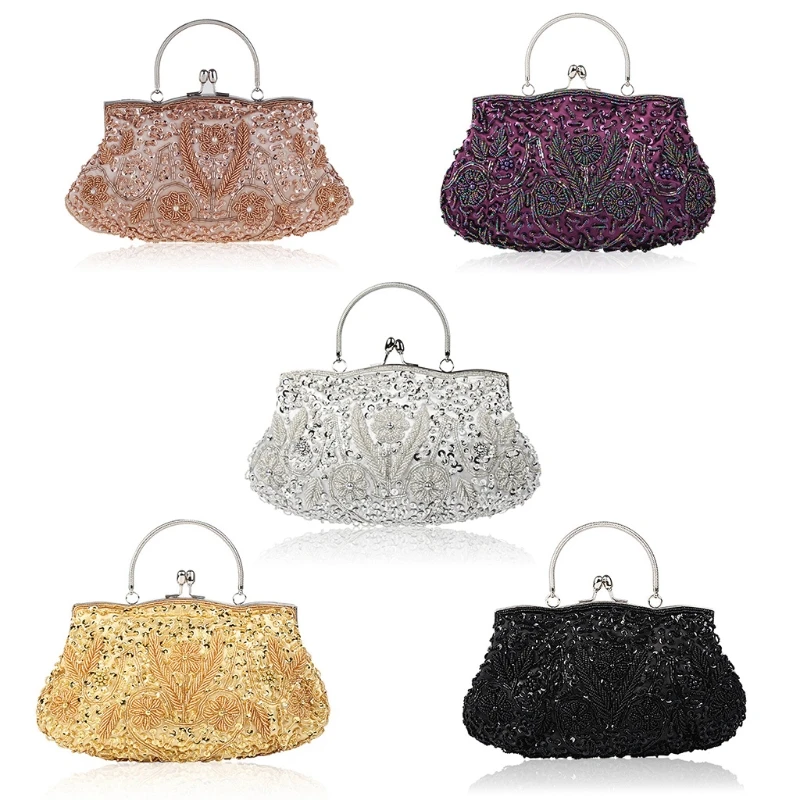 Women's Vintage Kiss Lock Beaded Sequin Flower Evening Bag Clutch Wedding Purse Women's Vintage Kiss Lock Beaded Sequin Flower Evening Bag Clutch Wedding Purse