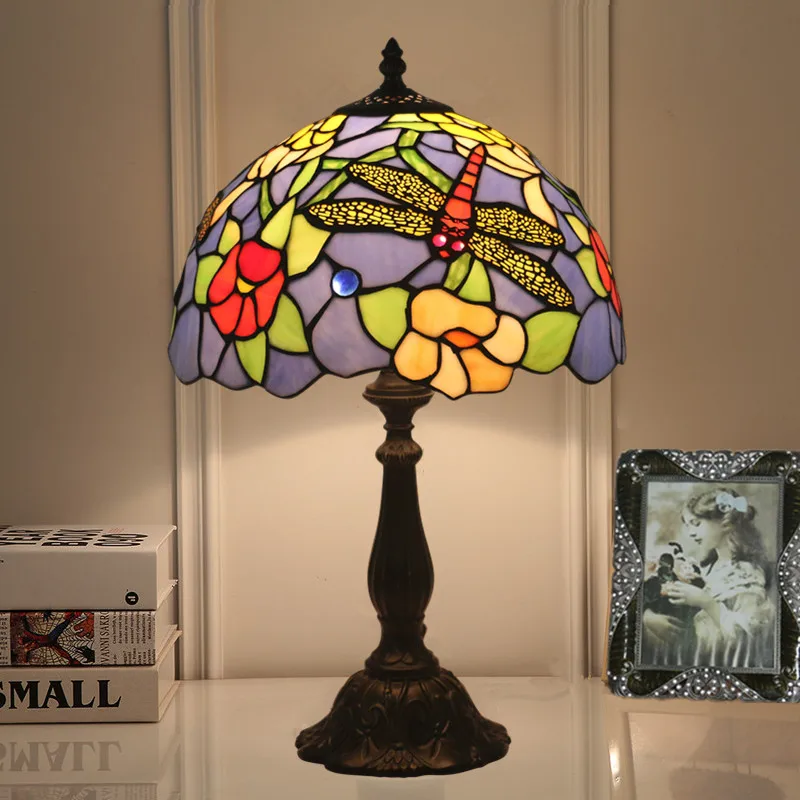 

Glass Art Table Lamp Antique Decor Yellow Dragonfly Desk Lamp Living Room LED Stained Glass Lamp Studio Bedside Light Fixtures