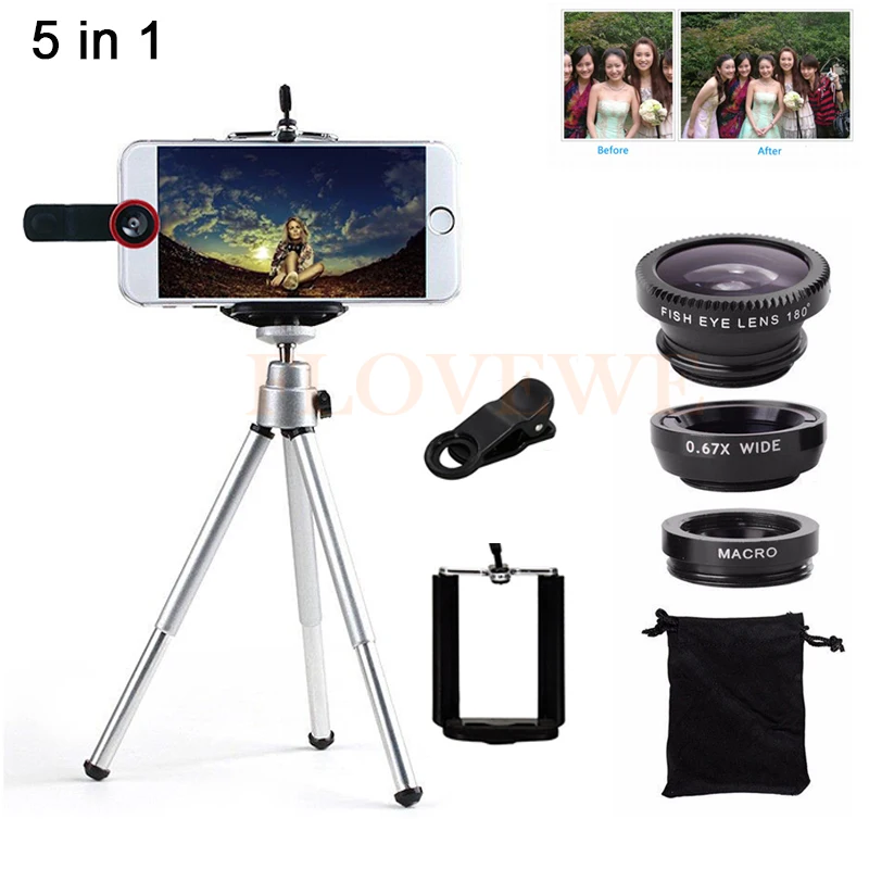 

5in1 Phone Camera Lentes Kit 3in1 Wide Angle Macro Fisheye Lens For Xiaomi redmi 2 3 S 4 note 3 MI4 MI5 MI6 Clip Mini Tripod