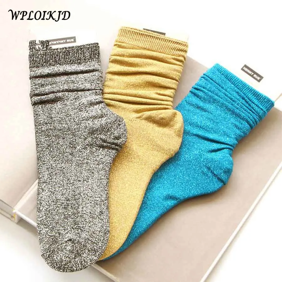 [WPLOIKJD] Harajuku Heap heap носки красочные блестящие золотые носки серебристого цвета женские сексуальные носки без пятки для девочек Забавные мягкие носки Sokken