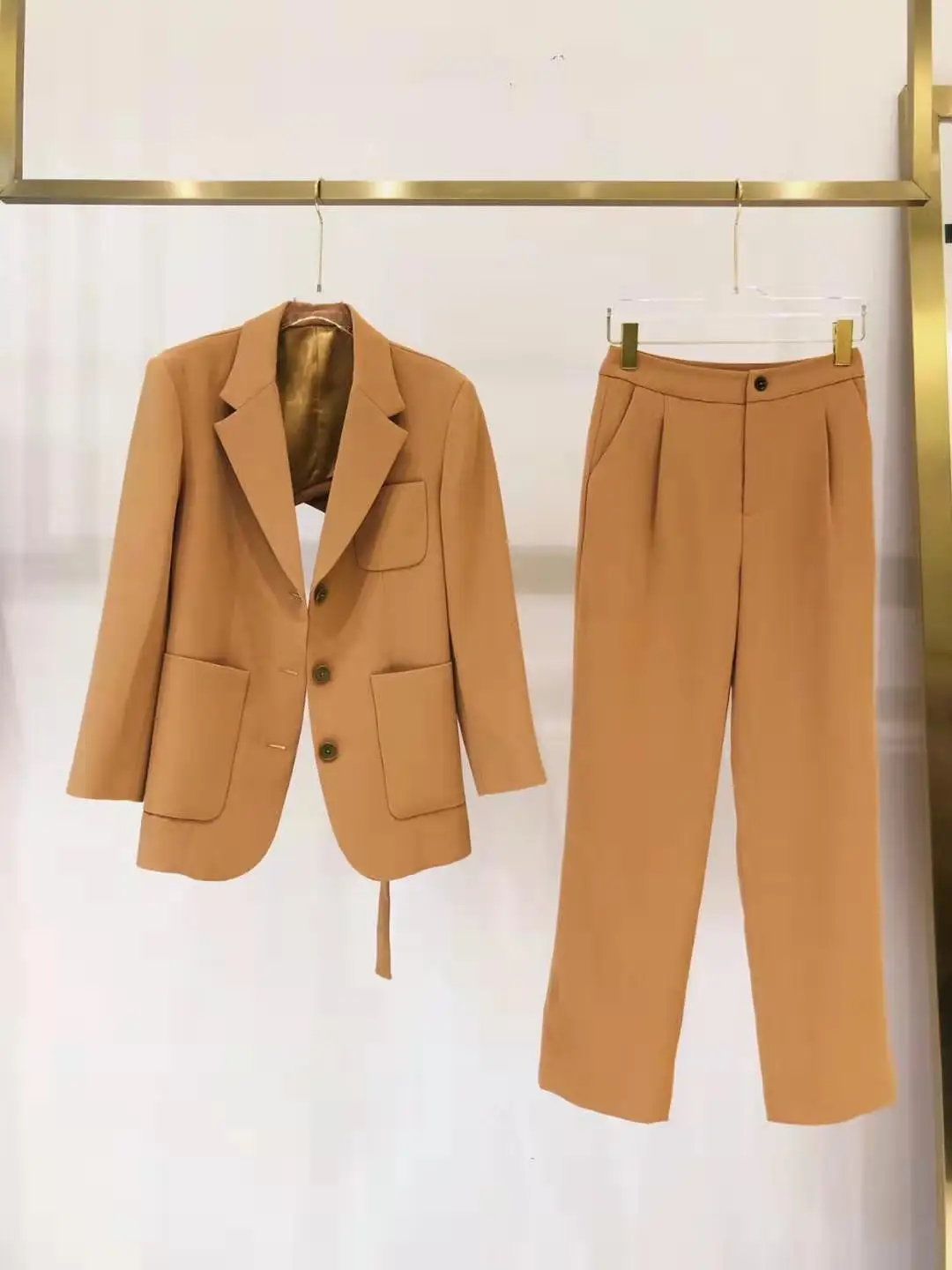 

2019 Women's Fashion Set Long Sleeve Lapel Behind Cutout Jacket + Pants 2 Piece Set 0724