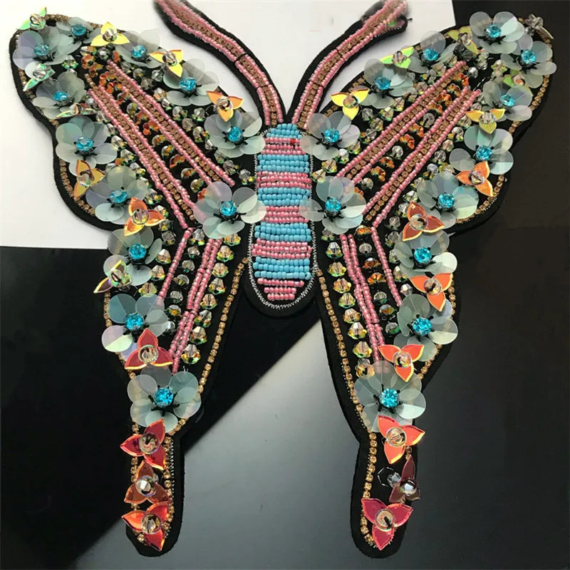 Large Beads Butterfly Patch for Clothes Sewing on Beading Applique Jackets Sockets Patches DIY