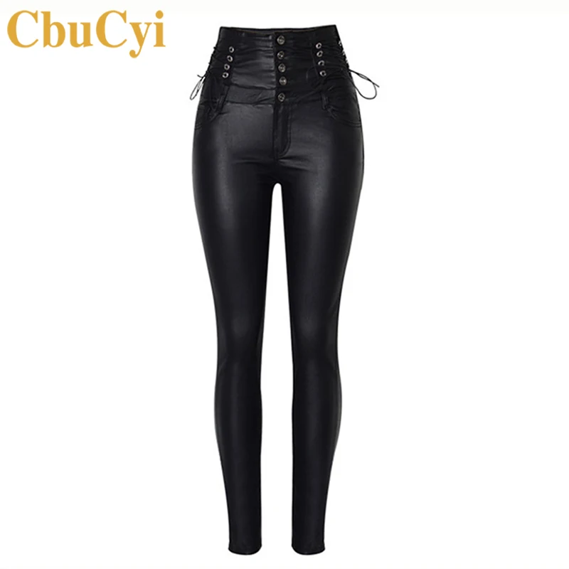 

CbuCyi High Waist Women's Clothing PU Leather Pants Skinny Lace Up Moto Biker Long Trousers Female Stretch Coated Denim Pants