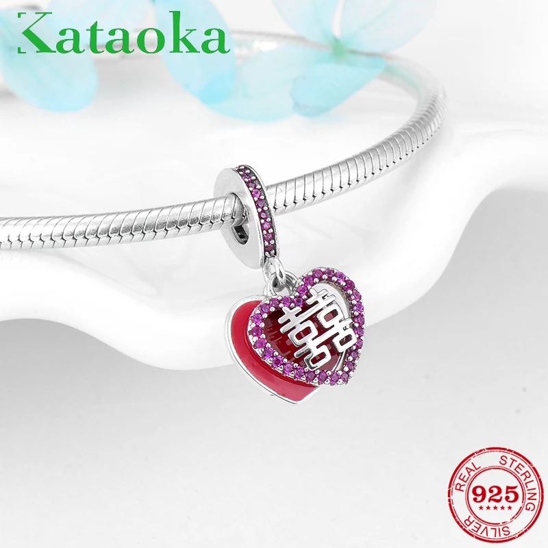 

Real 925 Sterling Silver Chinese Wedding Double Happiness Pendants fashion Charms Fit Original Pandora Charm Bracelet Jewelry