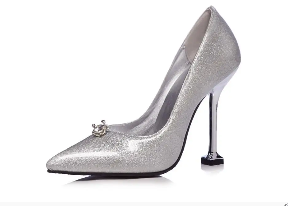 

2018 Rhinestone Silver High heels Foreign trade Large size shoes 40-43 Tip Fine with Banquet Printing shoes Spring shoes